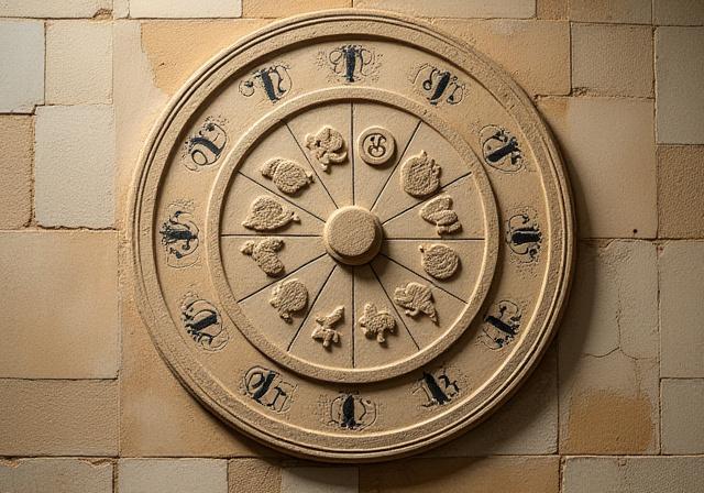 Ancient stone-style zodiac wheel depicting the transition of ages
