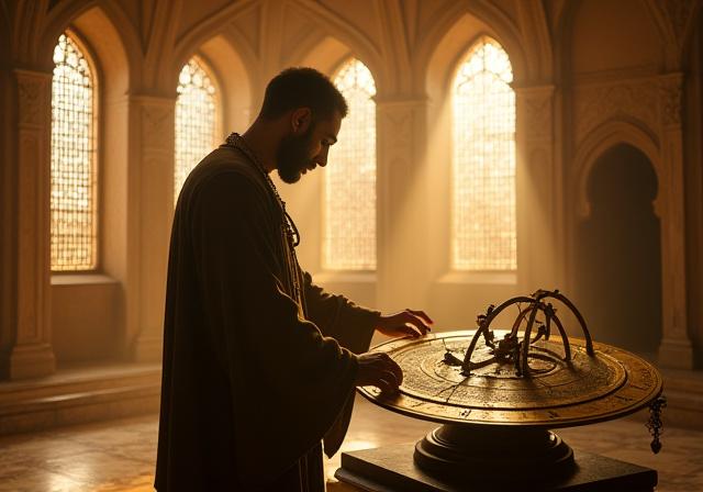Islamic scholar in a medieval observatory using an astrolabe