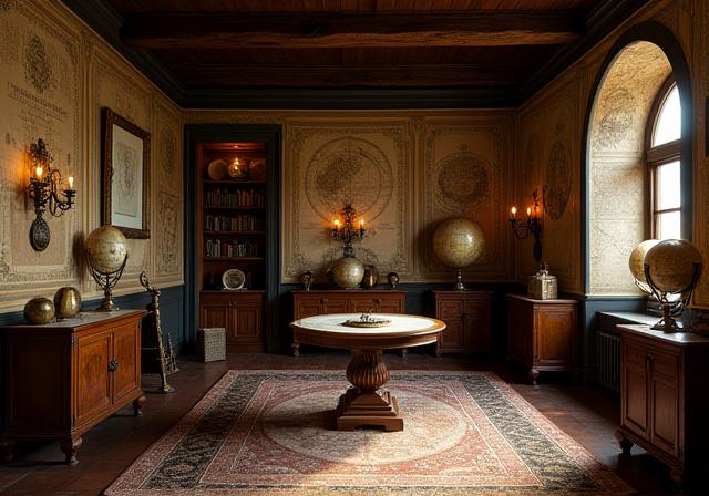 Renaissance era palace study with celestial globes and paintings